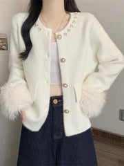 Lunivop Elegant Pearls Sweet Cardigan Women Vintage O Neck Faux Mink Cashmere Knitted Sweaters Korean Casual Long Sleeve Loose Tops