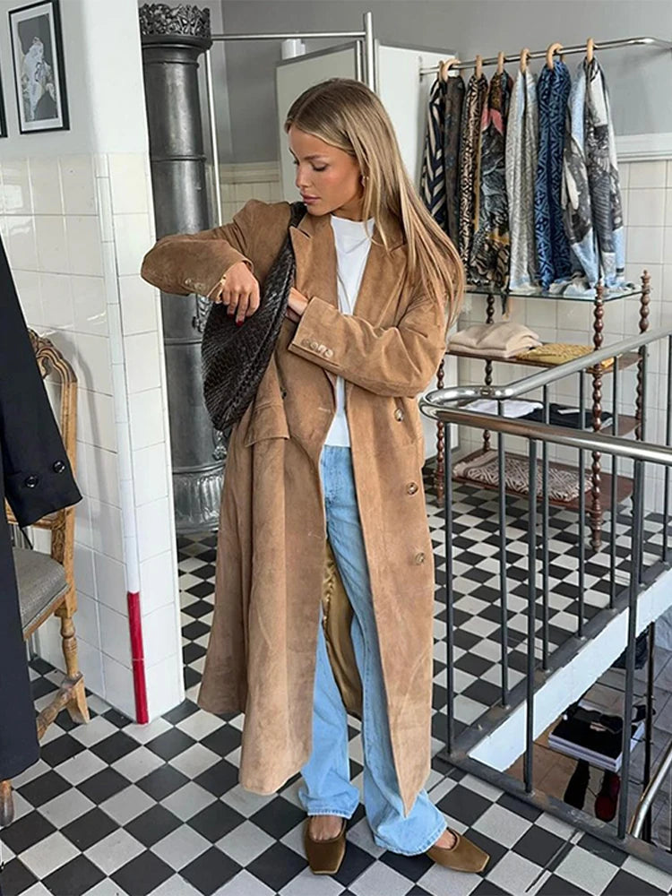 Lunivop Vintage Lapel Double-Breasted Women's Coats Casual Solid Long Sleeved Jackets For Woman Autumn Winter Long Chic Streetwear ﻿Tops