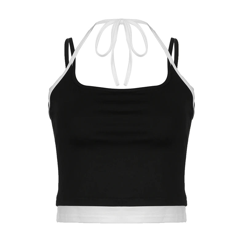 Lunivop  Vintage Patchwork Crop Top 2000s Retro Fake Two-piece Sleeveless Camisole Y2k Aesthetic Casual Tees Summer Women Clothing