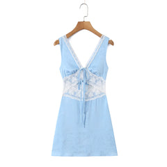 Lunivop  Fashion Light Blue Satin Spliced Lace V neck Tank Dress Women Hollow Out Slim Waist A-lined Sleeveless Short Dresses Femme Robe