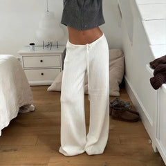 Lunivop  Women Basic Solid Color Trendy Leisure Drawstring Low Waist Ribbed Comfortable Strappy Loose Wide Leg Pants Simple Style Bottoms