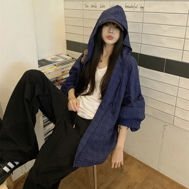 Lunivop High Street Contrast Color Plaid Loose Long Sleeve Shirt Women Autumn New Korean Fashion All-match Drawstring Hooded Tops