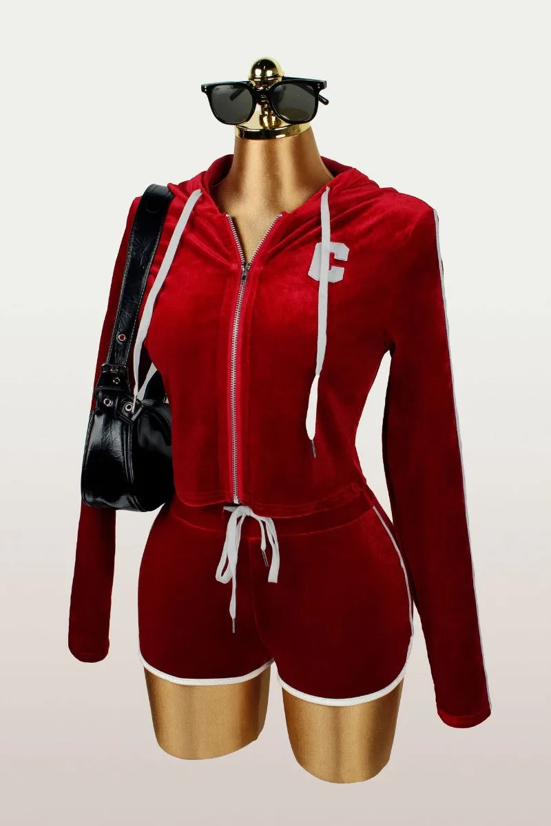 Lunivop  Women Tracksuit Velvet 2 Piece Set Letter Embroidery Long Sleeve Zipper Hooded Jackets Crop Top + Shorts Casual Sporty Suits