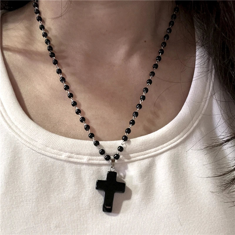 Lunivop Gothic Vintage Red Glass Cross Pendant Black Bead Rope Chain Necklace For Women Men Y2K Aesthetic EMO Grunge Jewelry Accessories
