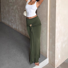 Lunivop  New Fashion Metal Accessory Bag Hip Skirts Soid Color Green Sexy Low Waist Tight Long Skirts Women Clothing Party