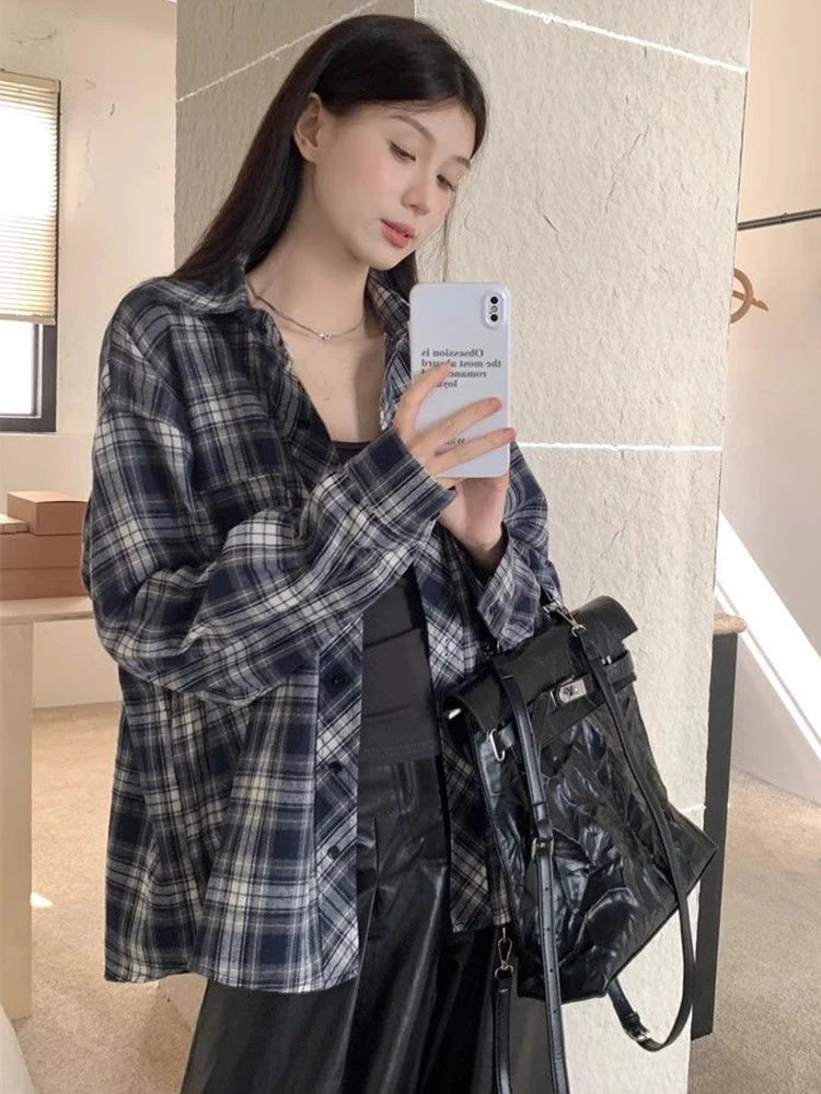 Lunivop American Y2K Plaid Shirt Women Loose Streetwear Long Sleeve Vintage Blouse Casual Oversize All Match Female Spring Tops New