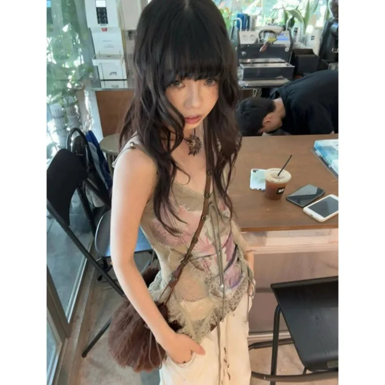 Lunivop  Gothic Tank Tops Women Sleeveless Tie Dye Y2k Vintage Crop Tops Streetwear 2000s Japanese Lace Up Camis E-girls Summer