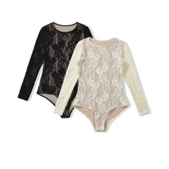 Lunivop  Black Autumn Sexy Hollow Out Lace With Lining O neck Long Sleeve Bodysuit Woman Tight Short Jumpsuit Slim fit Rompers Playsuits