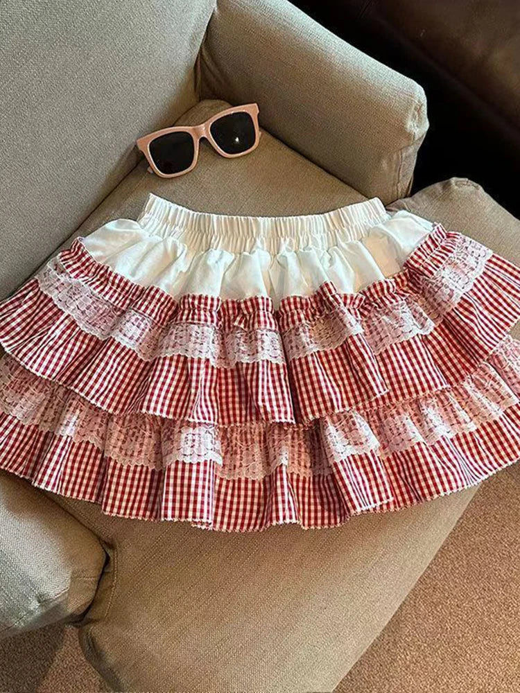 Lunivop  Sweet Lace Plaid Skirt Women High Waist Cute Vintage Mini Skirts Casual Preppy Style Patchwork Japan Kawaii Female Skirt