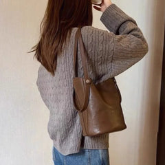 Lunivop  Retro Brown PU Leather Bucket Bags Women Autumn Winter New Large Capacity Underarm Bag Ladies Fashion Versatile Commuter Handbag