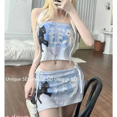 Lunivop Summer New Korean High Waist Animal Printed Casual A- Line Skirt Women + Lace-up Sexy Slim Camisole Two-piece Suit