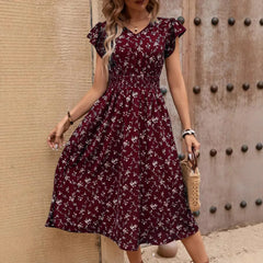 Lunivop  Fashionable Elegant Women V Neck Waist Tie Flutter Sleeve Printed Dress