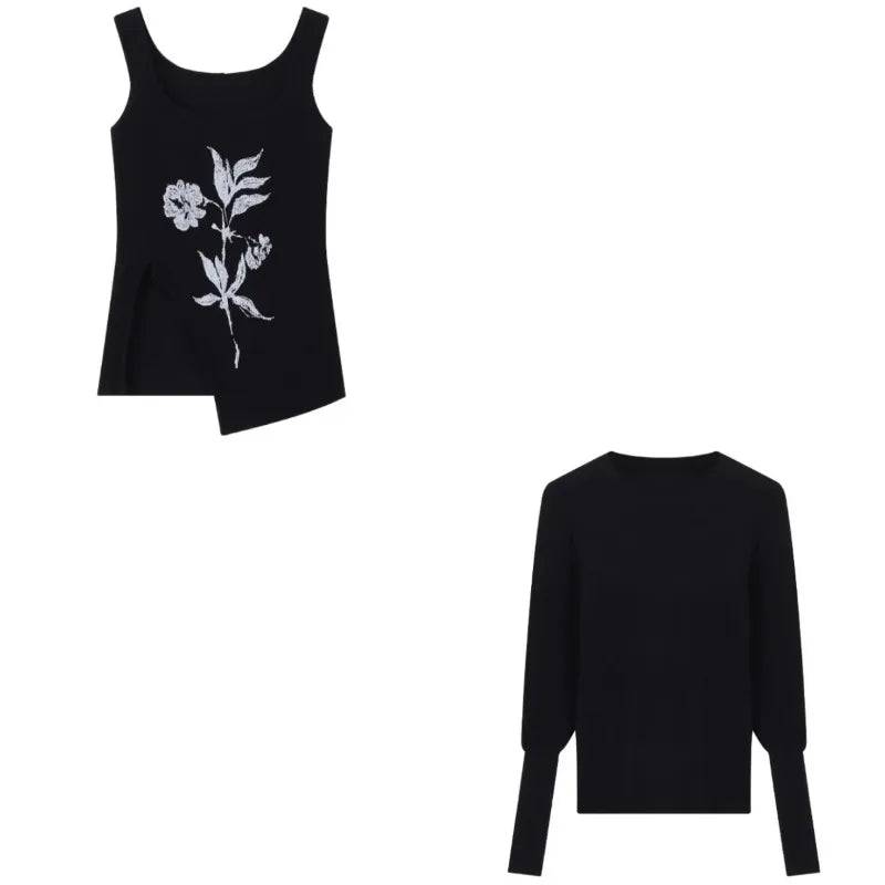 Lunivop Autumn New High Street Floral Printed Irregular Sexy Knitted Camisole Women + Black Long-sleeved T-shirt Two-piece Suit