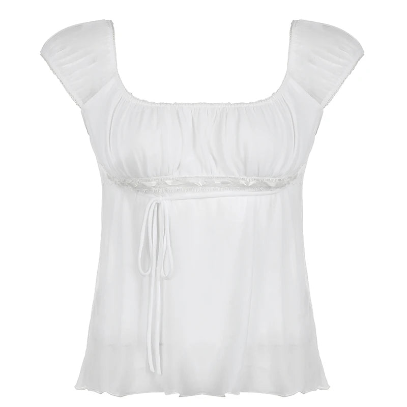 Lunivop  White Mesh Transparent Crop Top y2k Aesthetic Folds Stitching Short Sleeve T Shirts Korean Style Cute Tees Sexy Clubwear