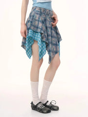 Lunivop  Irregular Patchwork Tie Dye Blue Plaid Skirts 2025 Summer New Skirt for Women Y2k High Waist Ruffles Faldas Sexy Mujer