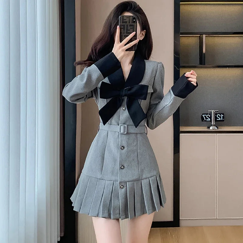 Lunivop  New Chic Bow Y2k Mini Pleated Dress Women Long Sleeve Bodycon Casual Prom Clothes Autumn Winter Korean Elegant Party Dress