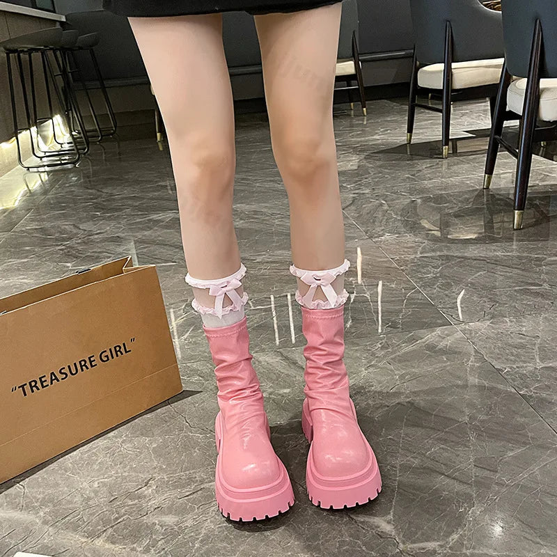 Lunivop Platform Thick Heel Women Knight Short Boots Fashion Pleated Back Zipper Elastic Slim Ankle Booties Autumn Winter Female Shoes