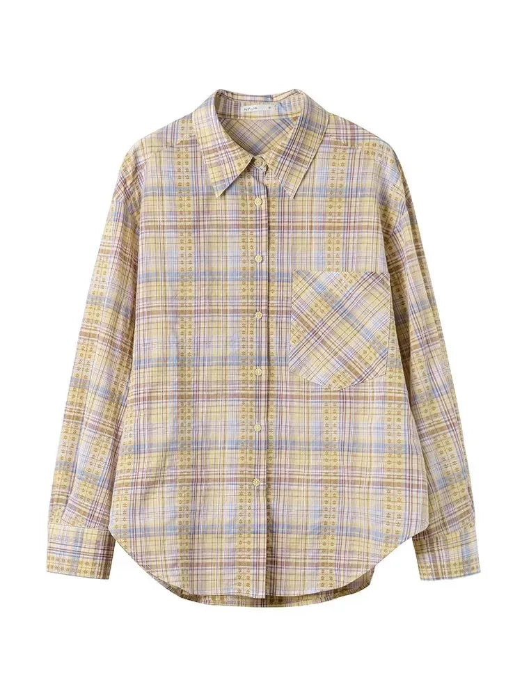 Lunivop Sweet Yellow Plaid Shirt Women Casual Vintage Long Sleeve Pocket Blouse American Fall Preppy Style Female Retro Loose Tops New