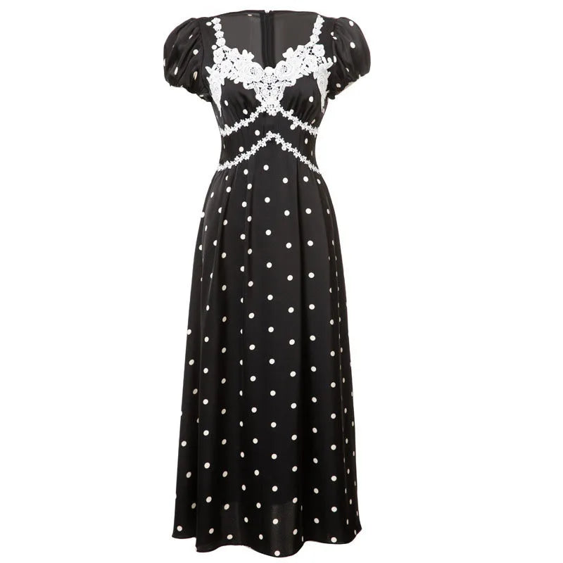 Lunivop  Fashion Women Dress Short Sleeve V Neck Lace Patchwork Polka Dot Print Female Party Dresses New Tide