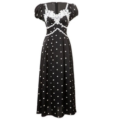 Lunivop  Fashion Women Dress Short Sleeve V Neck Lace Patchwork Polka Dot Print Female Party Dresses New Tide