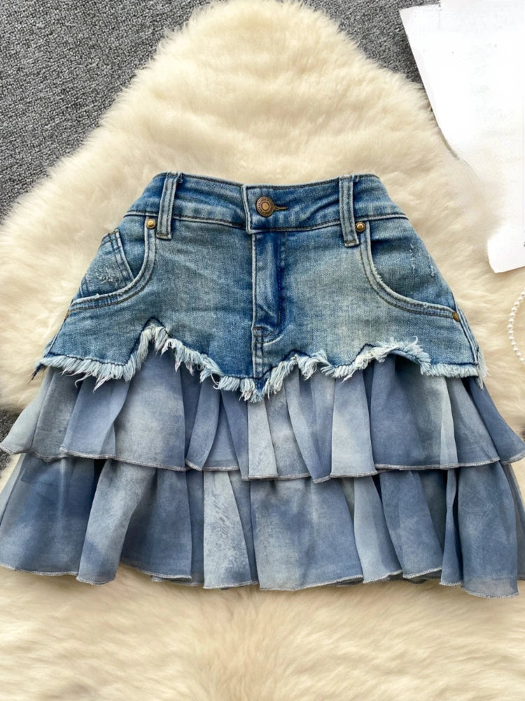 Lunivop Sexy Gyaru Denim Skirts High Waist Ruffles Patchwork Raw Edge Irregular Pockets Skirt for Women Summer Streetwear Y2k Clothing