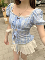 Lunivop  Blouse Women Sweet Elegant Plaid Lace Patchwork Bandage Puff Short Sleeve Crop Tops Square Collar Female Casual Shirts