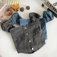 Lunivop Denim Corset Top Summer Button Up Puff Sleeve Smocked Back Slim Fit Crop Tops Teen-girl Women Outfit