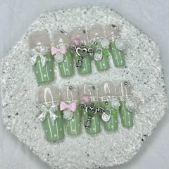 Lunivop  Y2K Vintage Gyaru French Lace Long Handmade Press On Nails Bow Pearl Polka Dot Clover Fake Nails Cute Mint Green Lolita Nail Art