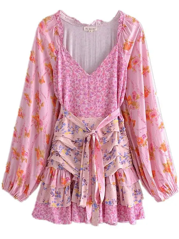 Lunivop  Holiday Contrast Color Floral Print Lantern Sleeve Mini Dress Bow Sashes Ruched Pleated Waist Ruffles Hem Women Dresses Robe