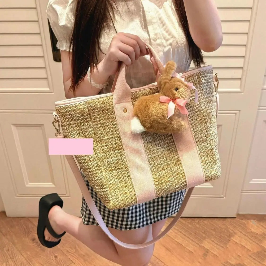 Lunivop  Summer Straw Woven Hand Carry Tote Bag Women Pink Patchwork Large Capacity Shoulder Bags Ladies Sweet Daily Travel Crossbody Bag