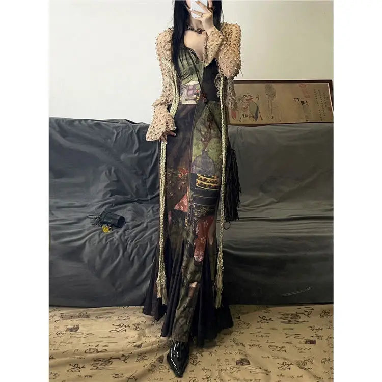 Lunivop  New Chinese Style Camisole Dress for Women Summer V-neck Print Dresses 2025 New Slim Waist Bodycon Vestidos De Mujer