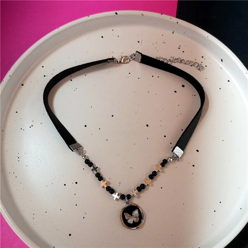 Lunivop Kpop Goth Vintage Harajuku Zircon Flower Butterfly Star Moon Pendant Y2K Choker Necklace Women 2000s Grunge Accessories Jewelry