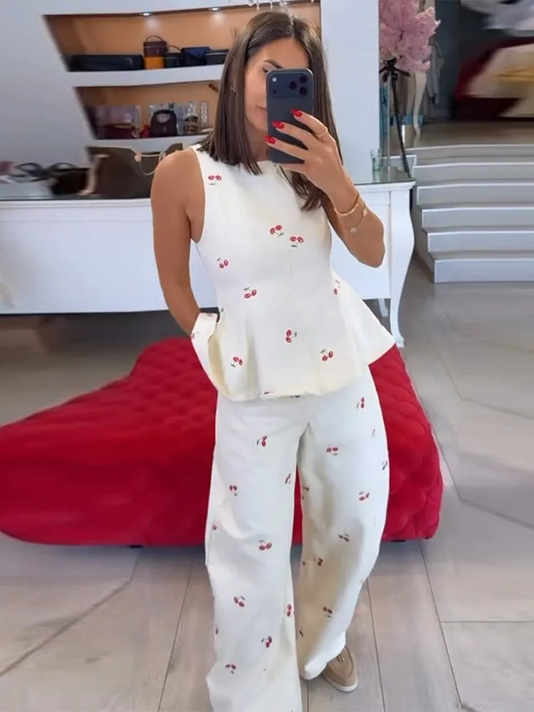 Lunivop  Casual Printed Women's Top Trouser Suits Sleeveless O-Neck Wide Leg Pants Lady Set Summer Vacation 2 Pieces Set Women New