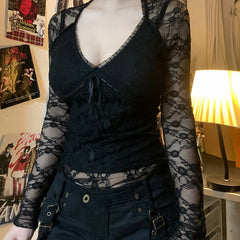 Lunivop  Women's Gothic Solid Color Lace Tops Long Sleeve Sexy V Neck Tie-up Front Slim Fit T-Shirts Blouses Club Streetwear