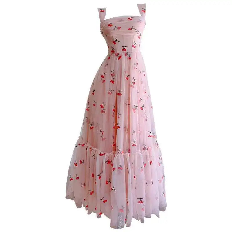Lunivop  2025 Spring And Summer New Cherry Embroidery Dreamy Women Dress Tulle Fabric Sleeveless Elegant Dresses Female