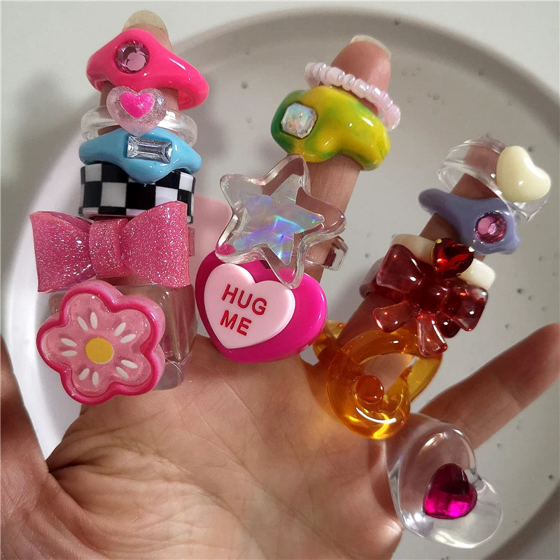 Lunivop Kpop Gothic Y2k Cute Acrylic Flower Bow Strawberry Cherry Heart Ring Emo Aesthetic Resin Rings Set Egirl Accessories Decorations