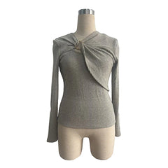 Lunivop  Khaki Irregular Tight Hollowed Out Long Sleeve Metal Decoration Autumn Winter Sexy Casual Personalized Women's Tops Daily Outfit