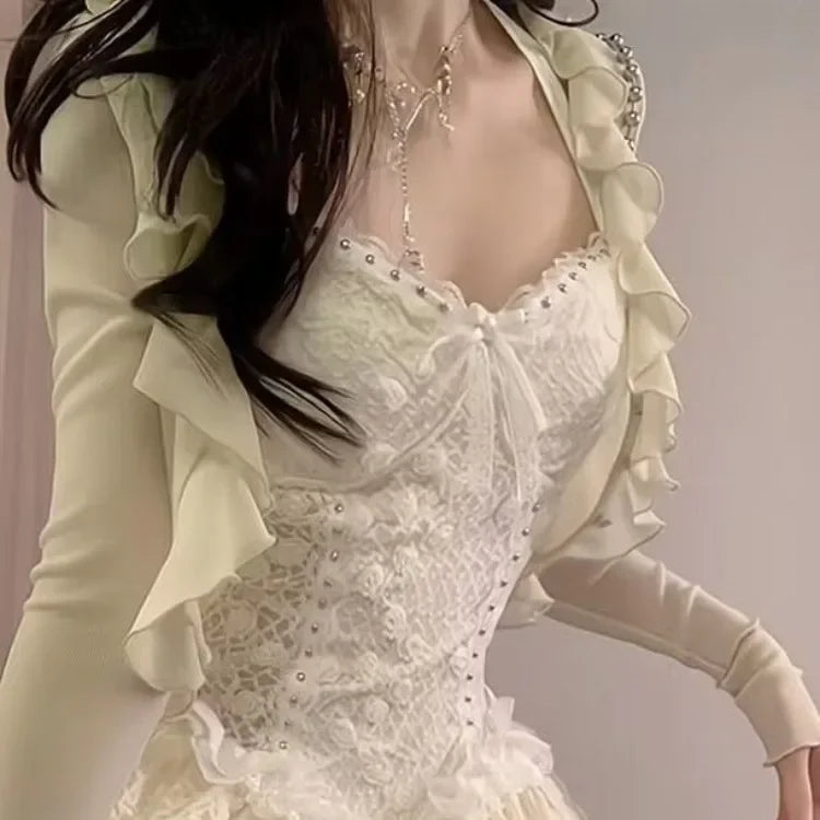 Lunivop  Fashion Sweet Ruffles Long Sleeve Cardigan Tops+ Y2k Slim Waist Lace Halter Vest Dress for Women Summer New Two Piece Sets