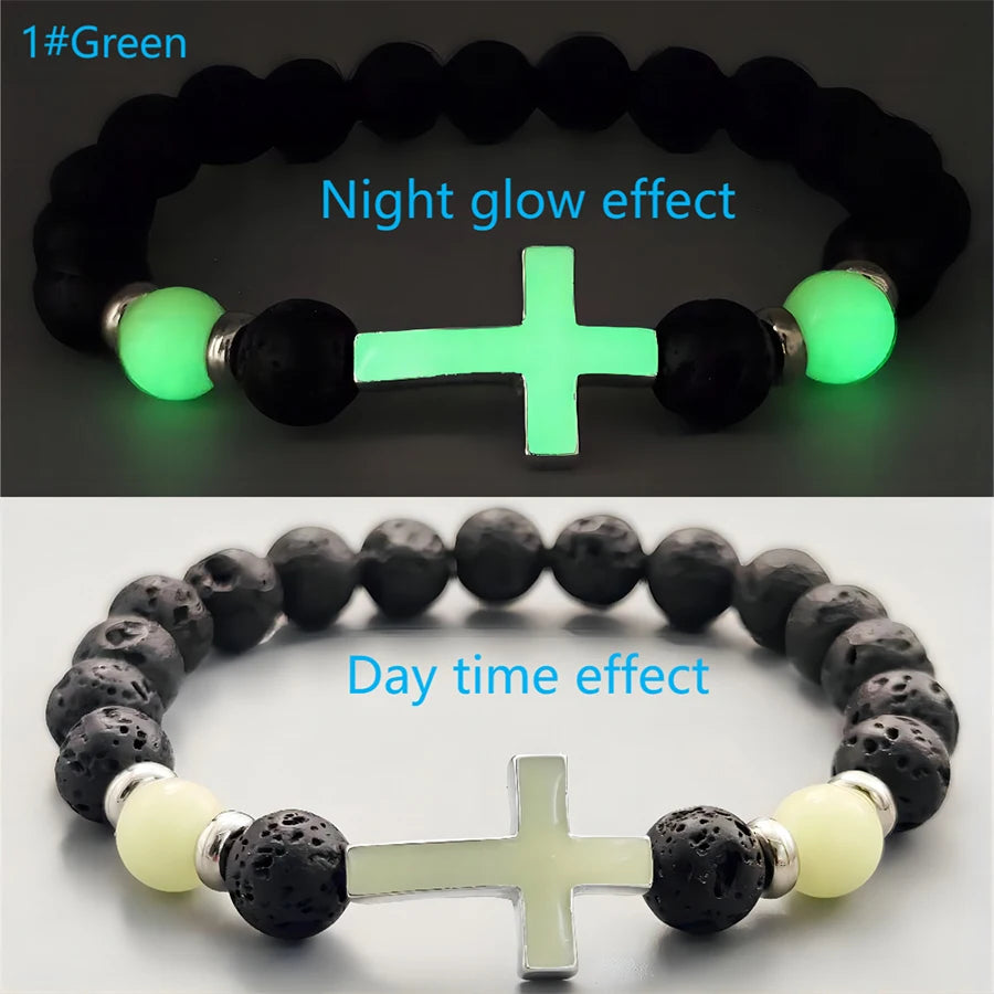 Lunivop New Fashion Vintage Luminous Cross Volcano Stone Beaded Bracelet for Women Men Niche Design Hiphop Party Jewelry Gifts