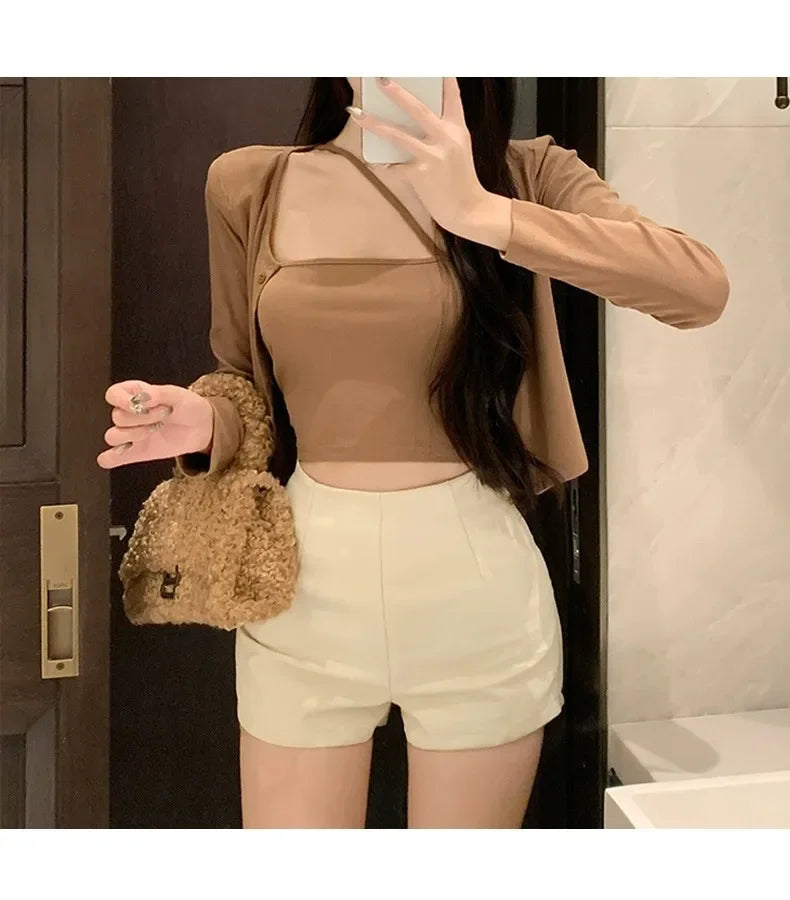Lunivop Women's New Autumn Black Leather Shorts High-waisted Slimming Tight A- line Casual Pants For Smooth Slimmed Silhouette