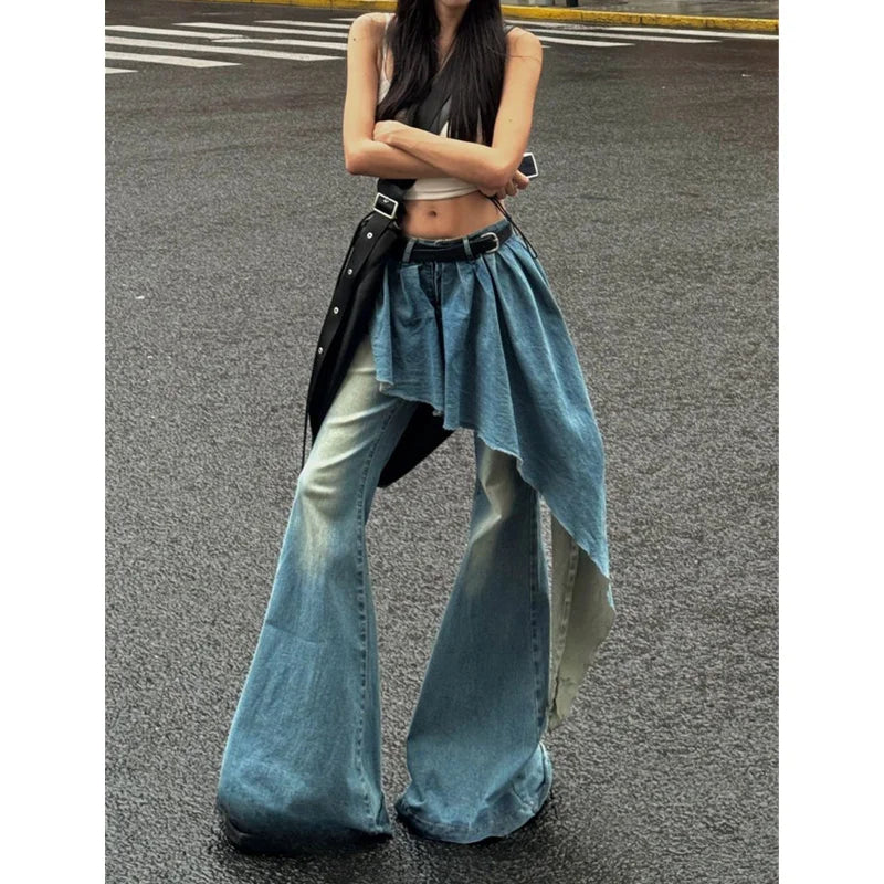 Lunivop Blue Womens Jeans High Waist Vintage Design Hip Hop Straight Baggy Denim Pants Street Y2K American Style Wide Leg Denim Trouser