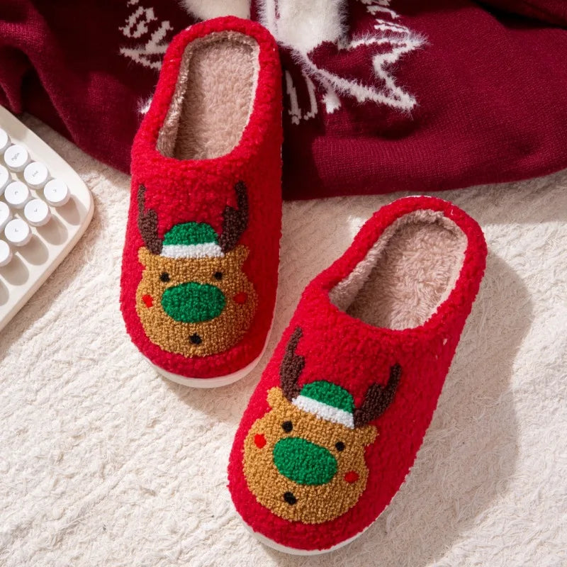 Lunivop New Christmas Elk Cotton Slippers for Women Men Winter Cute Cartoon Home Non Slip Couple Floor Slides Indoor Plush Shoes