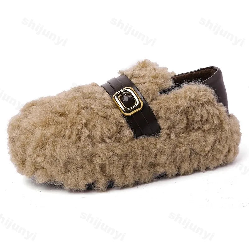 Lunivop Women's Cotton Shoes New Designer Buckle Luxury Lambs Wool Winter Loafers Warm Plush Comfort Curled Sheepskin Flat Shoes