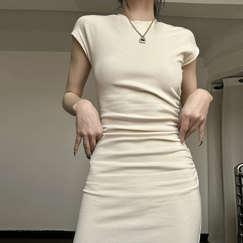 Lunivop Solid Color Short Sleeve White Slim Long Dress Casual Streetwear Daily Outfit Summer Korean Fashion For Women Clothes