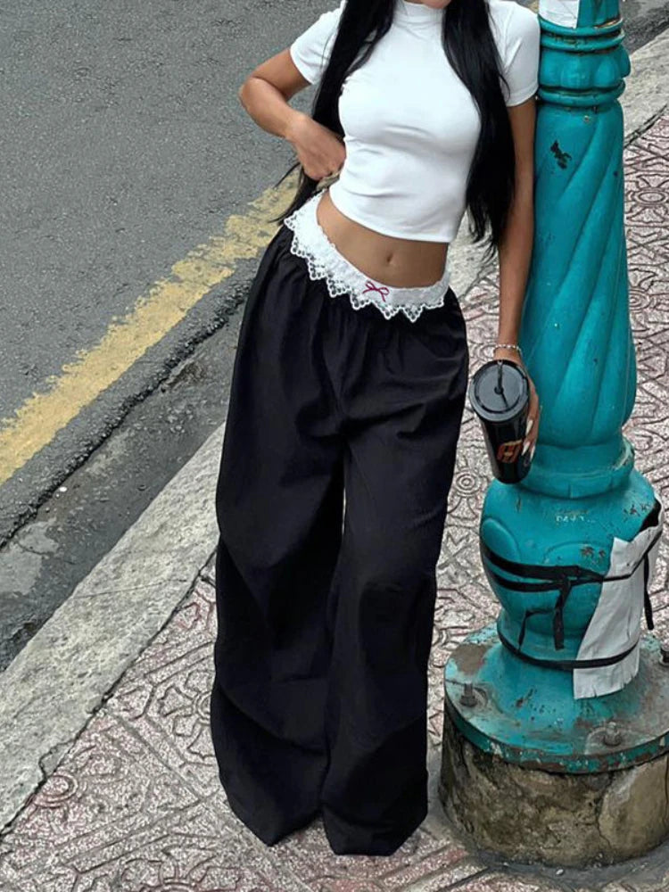 Lunivop Vintage Lace Patchwork Pants Women Y2k Streetwear Low Rise Wide Leg Trousers Korean Fashion Casual Black Baggy Pants