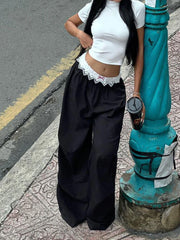 Lunivop Vintage Lace Patchwork Pants Women Y2k Streetwear Low Rise Wide Leg Trousers Korean Fashion Casual Black Baggy Pants