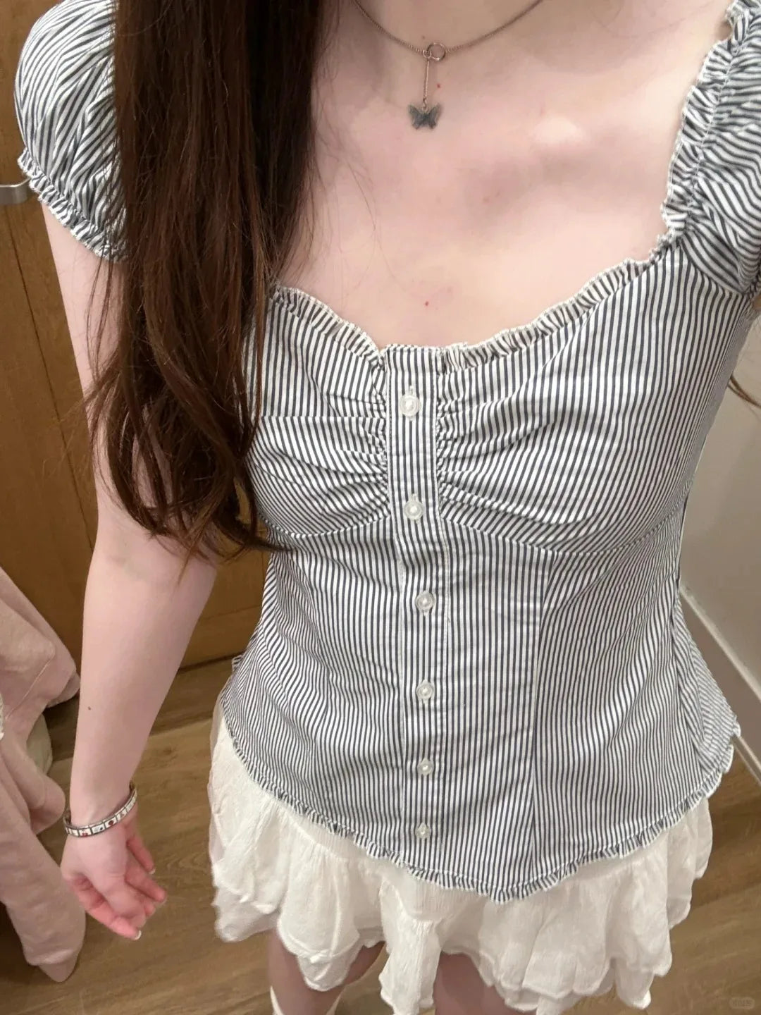 Lunivop  Blue Striped Folds Blouse Top Women New Casual Single Breasted Ruffle Sleeveless Tank Tops Vest Sweet Preppy Style Camisole Y2K