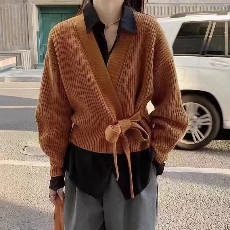 Lunivop Tie Front Wrap Sweater Cardigan Women Soft Knitted V-neck Long Sleeve Surplice Sweater Top Autumn Winter Vintage Outfit