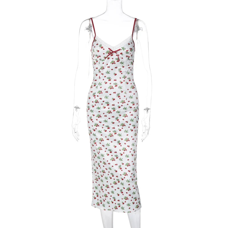 Lunivop Satin Strawbary Print Slit Lace Zipper Back Women'S Dresses Summer Autumn Party Prom Lady Casual Streetwear Clothing