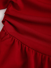 Lunivop  Red one shoulder bow adorned ruched short dress,Red asymmetrical strap bow slim fit dress,Red one shoulder ruffled mini dress